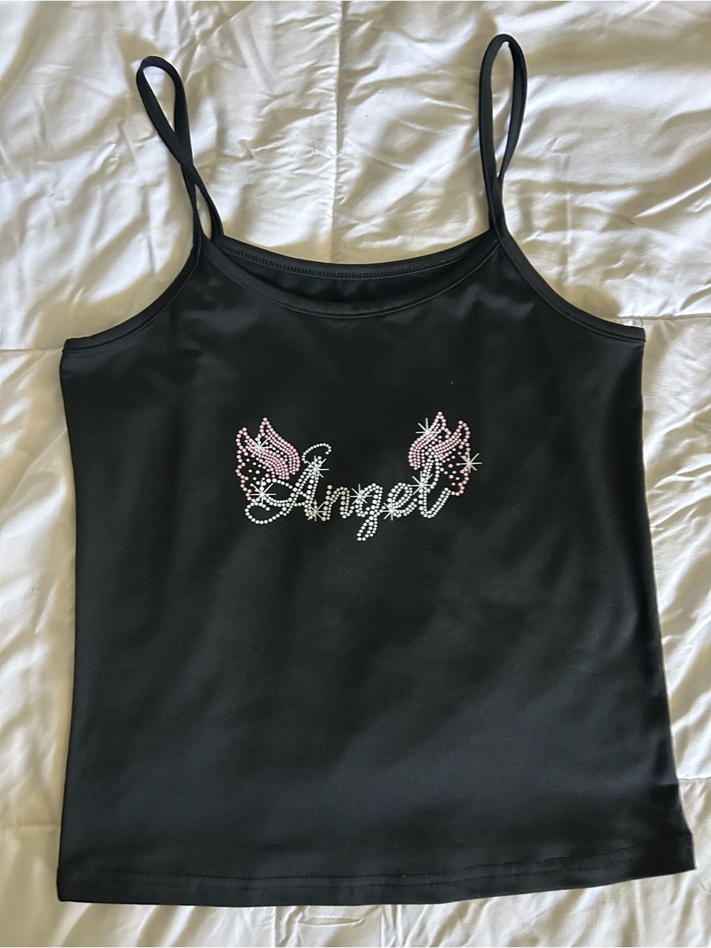 SHEIN Black Mock Rhinestone "Angel" Cami with Pink Wing Accents